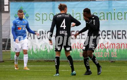 Fussball Testspiel. SK Austria Klagenfurt gegen NK Bravo (SLO).   Torjubel  Patrick Greil, Gloire Amanda (Klagenfurt). Sportpark Fischl. Klagenfurt, am 8.10.2021.
Foto: Kuess
---
pressefotos, pressefotografie, kuess, qs, qspictures, sport, bild, bilder, bilddatenbank