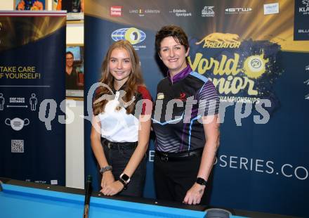 Billard. Pressekonferenz.  Anna Riegler, Kelly Fisher. Klagenfurt, 5.10.2021.
Foto: Kuess
---
pressefotos, pressefotografie, kuess, qs, qspictures, sport, bild, bilder, bilddatenbank