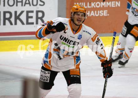 EBEL. Eishockey Bundesliga. KAC gegen	Black Wings Linz. Torjubel Brian Lebler  (Linz). Klagenfurt, am 8.10.2021.
Foto: Kuess
www.qspictures.net

---
pressefotos, pressefotografie, kuess, qs, qspictures, sport, bild, bilder, bilddatenbank