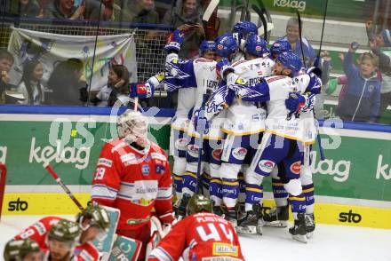 EBEL. Eishockey Bundesliga. VSV gegen HCB Suedtirol Alperia.  Torjubel Yannic Pilloni, Brett Flemming, Maximilian Rebernig, Philipp Lindner, Kevin Moderer, John Hughes (VSV). Villach, am 10.10.2021.
Foto: Kuess
www.qspictures.net
---
pressefotos, pressefotografie, kuess, qs, qspictures, sport, bild, bilder, bilddatenbank