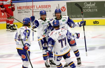 EBEL. Eishockey Bundesliga. VSV gegen HCB Suedtirol Alperia.  Torjubel John Hughes, Chris Collins, Anton Karlsson, Philipp Lindner (VSV). Villach, am 10.10.2021.
Foto: Kuess
www.qspictures.net
---
pressefotos, pressefotografie, kuess, qs, qspictures, sport, bild, bilder, bilddatenbank