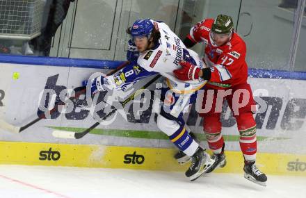 EBEL. Eishockey Bundesliga. VSV gegen HCB Suedtirol Alperia. Maximilian Rebernig, (VSV),  Keegan Lowe   (Bozen). Villach, am 10.10.2021.
Foto: Kuess
www.qspictures.net
---
pressefotos, pressefotografie, kuess, qs, qspictures, sport, bild, bilder, bilddatenbank