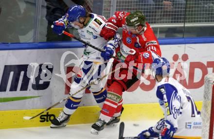 EBEL. Eishockey Bundesliga. VSV gegen HCB Suedtirol Alperia. Yannic Pilloni,  (VSV),  Nicholas Plastino  (Bozen). Villach, am 10.10.2021.
Foto: Kuess
www.qspictures.net
---
pressefotos, pressefotografie, kuess, qs, qspictures, sport, bild, bilder, bilddatenbank