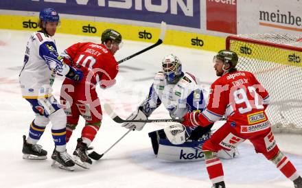 EBEL. Eishockey Bundesliga. VSV gegen HCB Suedtirol Alperia. Philipp Lindner  Andreas Bernard,  (VSV), Dustin Gazley, Brett Findlay  (Bozen). Villach, am 10.10.2021.
Foto: Kuess
www.qspictures.net
---
pressefotos, pressefotografie, kuess, qs, qspictures, sport, bild, bilder, bilddatenbank