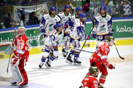 EBEL. Eishockey Bundesliga. VSV gegen HCB Suedtirol Alperia.  Torjubel Yannic Pilloni, Brett Flemming, Maximilian Rebernig, Philipp Lindner, Kevin Moderer, John Hughes (VSV). Villach, am 10.10.2021.
Foto: Kuess
www.qspictures.net
---
pressefotos, pressefotografie, kuess, qs, qspictures, sport, bild, bilder, bilddatenbank