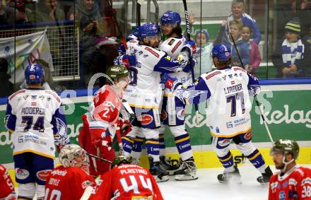 EBEL. Eishockey Bundesliga. VSV gegen HCB Suedtirol Alperia.  Torjubel Yannic Pilloni, Brett Flemming, Maximilian Rebernig, Philipp Lindner, Kevin Moderer (VSV). Villach, am 10.10.2021.
Foto: Kuess
www.qspictures.net
---
pressefotos, pressefotografie, kuess, qs, qspictures, sport, bild, bilder, bilddatenbank