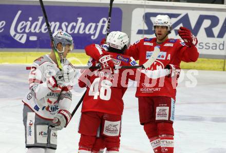 EBEL. Eishockey Bundesliga. KAC gegen	iClinic Bratislava Capitals. Torjubel Johannes Bischofberger, Samuel Witting, Thomas Hundertpfund (KAC). Klagenfurt, am 15.10.2021.
Foto: Kuess
www.qspictures.net

---
pressefotos, pressefotografie, kuess, qs, qspictures, sport, bild, bilder, bilddatenbank