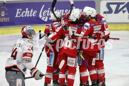 EBEL. Eishockey Bundesliga. KAC gegen	iClinic Bratislava Capitals.  Torjubel Johannes Bischofberger, Samuel Witting, Thomas Hundertpfund, Clemens Unterweger (KAC). Klagenfurt, am 15.10.2021.
Foto: Kuess
www.qspictures.net

---
pressefotos, pressefotografie, kuess, qs, qspictures, sport, bild, bilder, bilddatenbank