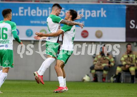 Fussball. Bundesliga. SK Austria Klagenfurt gegen  SK Rapid.  Torjubel Taxiarchis Fountas, Leo Greiml  (SK Rapid). Klagenfurt, am 16.10.2021.
Foto: Kuess
www.qspictures.net
---
pressefotos, pressefotografie, kuess, qs, qspictures, sport, bild, bilder, bilddatenbank