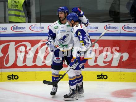 EBEL. Eishockey Bundesliga. VSV gegen Moser Medical Graz99ers. Torjubel Joel Broda, Scott Kosmachuk (VSV). Villach, am 17.10.2021.
Foto: Kuess
www.qspictures.net
---
pressefotos, pressefotografie, kuess, qs, qspictures, sport, bild, bilder, bilddatenbank