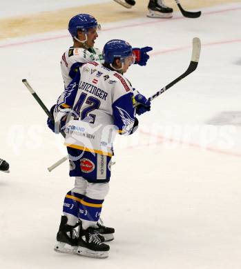 EBEL. Eishockey Bundesliga. VSV gegen Moser Medical Graz99ers.  Torjubel Marco Richter, Benjamin Lanzinger (VSV). Villach, am 17.10.2021.
Foto: Kuess
www.qspictures.net
---
pressefotos, pressefotografie, kuess, qs, qspictures, sport, bild, bilder, bilddatenbank