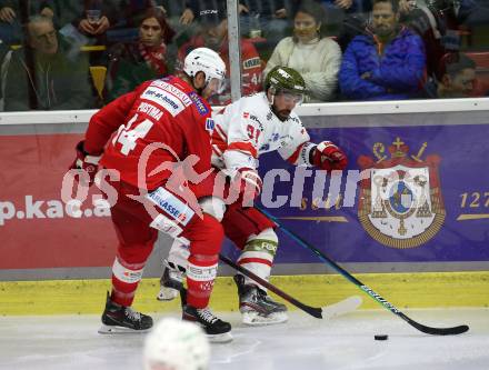 EBEL. Eishockey Bundesliga. KAC gegen	HCB Suedtirol Alperia. Paul Postma,  (KAC), Michael Halmo  (Bozen). Klagenfurt, am 22.10.2021.
Foto: Kuess
www.qspictures.net

---
pressefotos, pressefotografie, kuess, qs, qspictures, sport, bild, bilder, bilddatenbank