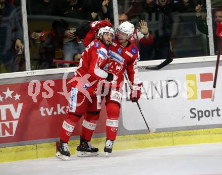 EBEL. Eishockey Bundesliga. KAC gegen	HCB Suedtirol Alperia. Torjubel Rok Ticar, Nicholas Petersen (KAC). Klagenfurt, am 22.10.2021.
Foto: Kuess
www.qspictures.net

---
pressefotos, pressefotografie, kuess, qs, qspictures, sport, bild, bilder, bilddatenbank