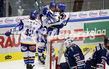 EBEL. Eishockey Bundesliga. VSV gegen Fehervar AV19. Torjubel Scott Kosmachuk, Joel Broda, Benjamin Lanzinger  (VSV). Villach, am 26.10.2021.
Foto: Kuess
www.qspictures.net
---
pressefotos, pressefotografie, kuess, qs, qspictures, sport, bild, bilder, bilddatenbank