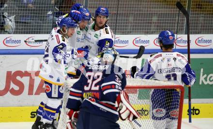 EBEL. Eishockey Bundesliga. VSV gegen Fehervar AV19.  Torjubel Scott Kosmachuk, Joel Broda, Benjamin Lanzinger, Renars Krastenbergs (VSV). Villach, am 26.10.2021.
Foto: Kuess
www.qspictures.net
---
pressefotos, pressefotografie, kuess, qs, qspictures, sport, bild, bilder, bilddatenbank