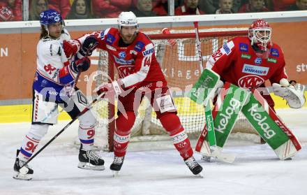 EBEL. Eishockey Bundesliga. KAC gegen	HC TWK Innsbruck. Paul Postma, Sebastian Dahm, (KAC),  Jan Lattner  (Innsbruck). Klagenfurt, am 29.10.2021.
Foto: Kuess
www.qspictures.net

---
pressefotos, pressefotografie, kuess, qs, qspictures, sport, bild, bilder, bilddatenbank