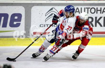 EBEL. Eishockey Bundesliga. KAC gegen	HC TWK Innsbruck. Steven Strong,  (KAC),  Michael Huntebrinker (Innsbruck). Klagenfurt, am 29.10.2021.
Foto: Kuess
www.qspictures.net

---
pressefotos, pressefotografie, kuess, qs, qspictures, sport, bild, bilder, bilddatenbank