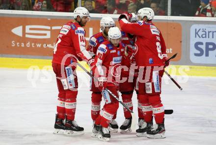 EBEL. Eishockey Bundesliga. KAC gegen	HC TWK Innsbruck. Torjubel Paul Postma, Johannes Bischofberger, Matthew Fraser, Thomas Koch (KAC). Klagenfurt, am 29.10.2021.
Foto: Kuess
www.qspictures.net

---
pressefotos, pressefotografie, kuess, qs, qspictures, sport, bild, bilder, bilddatenbank