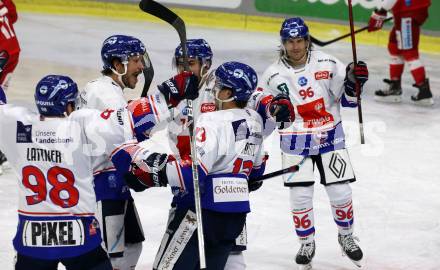 EBEL. Eishockey Bundesliga. KAC gegen	HC TWK Innsbruck.  Torjubel Jan Lattner, Joel Messner, Nico Feldner, Alex Dostie (Innsbruck). Klagenfurt, am 29.10.2021.
Foto: Kuess
www.qspictures.net

---
pressefotos, pressefotografie, kuess, qs, qspictures, sport, bild, bilder, bilddatenbank