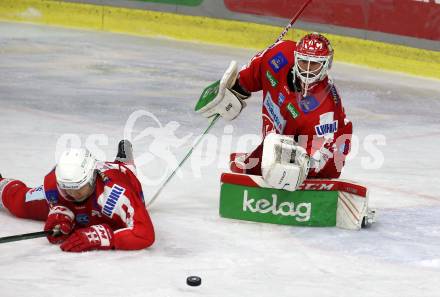 EBEL. Eishockey Bundesliga. KAC gegen	HC TWK Innsbruck. Kele Steffler, Sebastian Dahm (KAC). Klagenfurt, am 29.10.2021.
Foto: Kuess
www.qspictures.net

---
pressefotos, pressefotografie, kuess, qs, qspictures, sport, bild, bilder, bilddatenbank