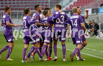 Fussball. Bundesliga. SK Austria Klagenfurt gegen  FC Flyeralarm Admira.   Torjubel Turgay Gemicibasi, Alexander Fuchs, Ivan Saravanja, Christopher Cvetko (Klagenfurt). Klagenfurt, am 30.10.2021.
Foto: Kuess
www.qspictures.net
---
pressefotos, pressefotografie, kuess, qs, qspictures, sport, bild, bilder, bilddatenbank