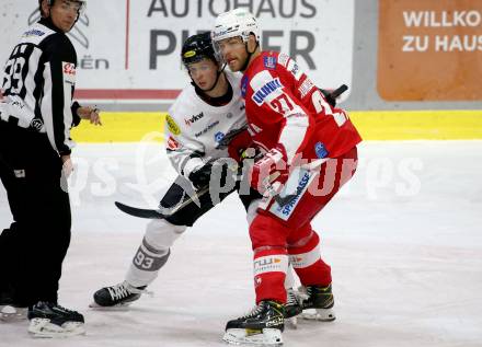 EBEL. Eishockey Bundesliga. KAC gegen Dornbirn Bulldogs. Hundertpfund Thomas (KAC), Zitz Marcel  (Dornbirn). Klagenfurt, am 5.11.2021.
Foto: Kuess
www.qspictures.net

---
pressefotos, pressefotografie, kuess, qs, qspictures, sport, bild, bilder, bilddatenbank