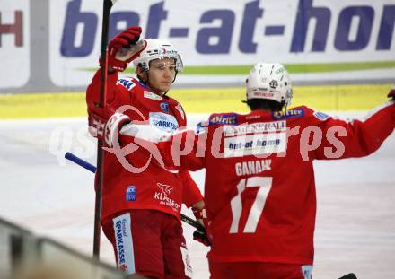 EBEL. Eishockey Bundesliga. KAC gegen Dornbirn Bulldogs. Torjubel Clemens Unterweger, Manuel Ganahl (KAC). Klagenfurt, am 5.11.2021.
Foto: Kuess
www.qspictures.net

---
pressefotos, pressefotografie, kuess, qs, qspictures, sport, bild, bilder, bilddatenbank