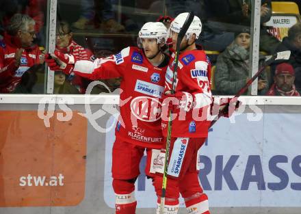 EBEL. Eishockey Bundesliga. KAC gegen Dornbirn Bulldogs. Torjubel Ganahl Manuel, Hundertpfund Thomas,  (KAC). Klagenfurt, am 5.11.2021.
Foto: Kuess
www.qspictures.net

---
pressefotos, pressefotografie, kuess, qs, qspictures, sport, bild, bilder, bilddatenbank