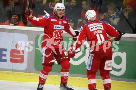 EBEL. Eishockey Bundesliga. KAC gegen Dornbirn Bulldogs. Torjubel Vallant Thomas, Haudum Lukas, (KAC). Klagenfurt, am 5.11.2021.
Foto: Kuess
www.qspictures.net

---
pressefotos, pressefotografie, kuess, qs, qspictures, sport, bild, bilder, bilddatenbank