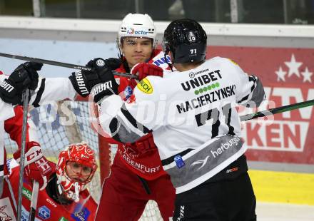 EBEL. Eishockey Bundesliga. KAC gegen Dornbirn Bulldogs. Steffler Kele (KAC), Macierzynski Kevin  (Dornbirn). Klagenfurt, am 5.11.2021.
Foto: Kuess
www.qspictures.net

---
pressefotos, pressefotografie, kuess, qs, qspictures, sport, bild, bilder, bilddatenbank