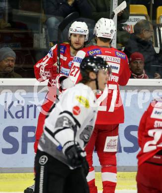 EBEL. Eishockey Bundesliga. KAC gegen Dornbirn Bulldogs. Torjubel Ganahl Manuel, Hundertpfund Thomas,  (KAC). Klagenfurt, am 5.11.2021.
Foto: Kuess
www.qspictures.net

---
pressefotos, pressefotografie, kuess, qs, qspictures, sport, bild, bilder, bilddatenbank