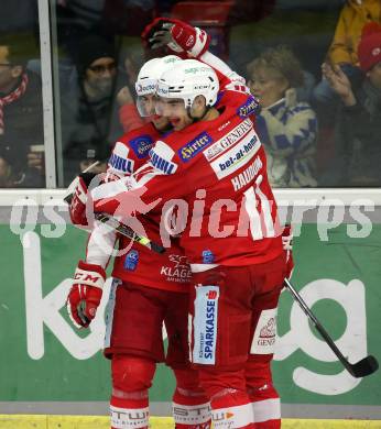 EBEL. Eishockey Bundesliga. KAC gegen Dornbirn Bulldogs. Torjubel Vallant Thomas, Haudum Lukas, (KAC). Klagenfurt, am 5.11.2021.
Foto: Kuess
www.qspictures.net

---
pressefotos, pressefotografie, kuess, qs, qspictures, sport, bild, bilder, bilddatenbank