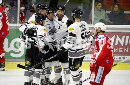 EBEL. Eishockey Bundesliga. KAC gegen Dornbirn Bulldogs. Torjubel Groendahl Ari, Jevpalovs Nikita, Ruzicka Vladimir, Saarinen Jesse Olli, Vandane Davis  (Dornbirn). Klagenfurt, am 5.11.2021.
Foto: Kuess
www.qspictures.net

---
pressefotos, pressefotografie, kuess, qs, qspictures, sport, bild, bilder, bilddatenbank