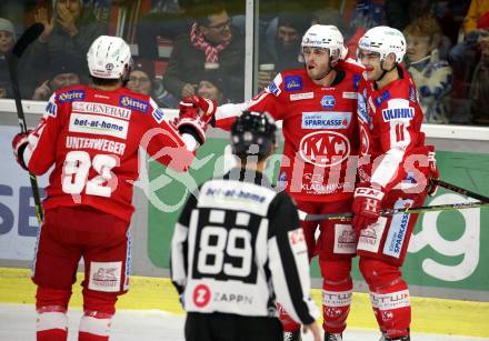 EBEL. Eishockey Bundesliga. KAC gegen Dornbirn Bulldogs. Torjubel Vallant Thomas, Haudum Lukas, Unterweger Clemens, (KAC). Klagenfurt, am 5.11.2021.
Foto: Kuess
www.qspictures.net

---
pressefotos, pressefotografie, kuess, qs, qspictures, sport, bild, bilder, bilddatenbank