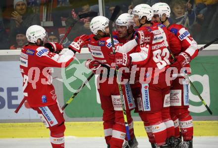 EBEL. Eishockey Bundesliga. KAC gegen Dornbirn Bulldogs. Torjubel Vallant Thomas, Haudum Lukas, Unterweger Clemens, Obersteiner Daniel, Ticar Rok (KAC). Klagenfurt, am 5.11.2021.
Foto: Kuess
www.qspictures.net

---
pressefotos, pressefotografie, kuess, qs, qspictures, sport, bild, bilder, bilddatenbank