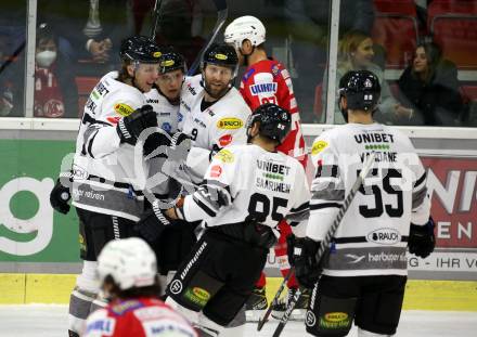 EBEL. Eishockey Bundesliga. KAC gegen Dornbirn Bulldogs. Torjubel Groendahl Ari, Jevpalovs Nikita, Ruzicka Vladimir, Saarinen Jesse Olli, Vandane Davis  (Dornbirn). Klagenfurt, am 5.11.2021.
Foto: Kuess
www.qspictures.net

---
pressefotos, pressefotografie, kuess, qs, qspictures, sport, bild, bilder, bilddatenbank