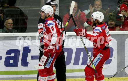 EBEL. Eishockey Bundesliga. KAC gegen Dornbirn Bulldogs.  Torjubel Obersteiner Daniel,  Haudum Lukas (KAC). Klagenfurt, am 5.11.2021.
Foto: Kuess
www.qspictures.net

---
pressefotos, pressefotografie, kuess, qs, qspictures, sport, bild, bilder, bilddatenbank