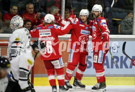 EBEL. Eishockey Bundesliga. KAC gegen Dornbirn Bulldogs. Torjubel Ganahl Manuel, Hundertpfund Thomas, Bischofberger Johannes,  (KAC). Klagenfurt, am 5.11.2021.
Foto: Kuess
www.qspictures.net

---
pressefotos, pressefotografie, kuess, qs, qspictures, sport, bild, bilder, bilddatenbank