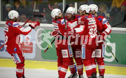 EBEL. Eishockey Bundesliga. KAC gegen Dornbirn Bulldogs. Torjubel Vallant Thomas, Haudum Lukas, Unterweger Clemens, Obersteiner Daniel, Ticar Rok (KAC). Klagenfurt, am 5.11.2021.
Foto: Kuess
www.qspictures.net

---
pressefotos, pressefotografie, kuess, qs, qspictures, sport, bild, bilder, bilddatenbank