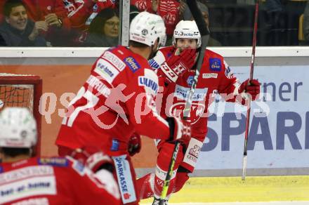 EBEL. Eishockey Bundesliga. KAC gegen Dornbirn Bulldogs. Torjubel Ganahl Manuel, Hundertpfund Thomas (KAC). Klagenfurt, am 5.11.2021.
Foto: Kuess
www.qspictures.net

---
pressefotos, pressefotografie, kuess, qs, qspictures, sport, bild, bilder, bilddatenbank