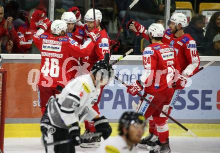 EBEL. Eishockey Bundesliga. KAC gegen Dornbirn Bulldogs. Torjubel Ganahl Manuel, Hundertpfund Thomas, Bischofberger Johannes, Strong Steven, 	Postma Paul (KAC). Klagenfurt, am 5.11.2021.
Foto: Kuess
www.qspictures.net

---
pressefotos, pressefotografie, kuess, qs, qspictures, sport, bild, bilder, bilddatenbank