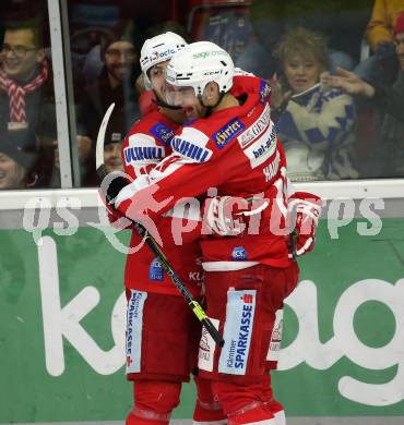 EBEL. Eishockey Bundesliga. KAC gegen Dornbirn Bulldogs. Torjubel Vallant Thomas, Haudum Lukas, (KAC). Klagenfurt, am 5.11.2021.
Foto: Kuess
www.qspictures.net

---
pressefotos, pressefotografie, kuess, qs, qspictures, sport, bild, bilder, bilddatenbank