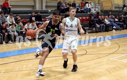 Basketball Zweite Liga 2021/2022. Grunddurchgang 5. Runde.  KOS Celovec gegen Basket Flames. Samuel Seher (KOS), Fabio Soehnel  (Basket Flames). Klagenfurt, am 6.11.2021.
Foto: Kuess
www.qspictures.net
---
pressefotos, pressefotografie, kuess, qs, qspictures, sport, bild, bilder, bilddatenbank