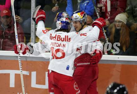 EBEL. Eishockey Bundesliga. KAC gegen  EC Red Bull Salzburg. Torjubel Borzecki Jakub, Brennan Terrence James, Predan Aljaz  (Salzburg). Klagenfurt, am 7.11.2021.
Foto: Kuess
www.qspictures.net

---
pressefotos, pressefotografie, kuess, qs, qspictures, sport, bild, bilder, bilddatenbank