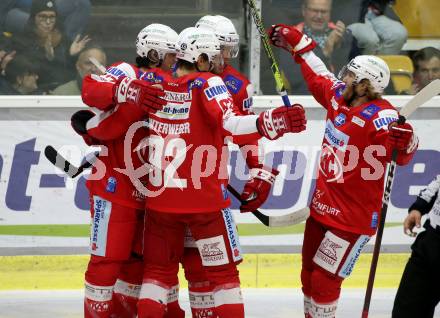 EBEL. Eishockey Bundesliga. KAC gegen  EC Red Bull Salzburg. Torjubel Thomas Hundertpfund, Ganahl Manuel, Unterweger Clemens, Bischofberger Johannes (KAC). Klagenfurt, am 7.11.2021.
Foto: Kuess
www.qspictures.net

---
pressefotos, pressefotografie, kuess, qs, qspictures, sport, bild, bilder, bilddatenbank