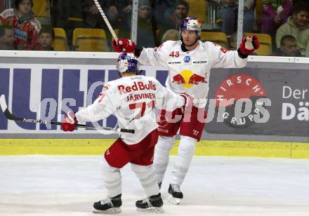 EBEL. Eishockey Bundesliga. KAC gegen  EC Red Bull Salzburg. Torjubel Jaervinen Jan-Mikael Johannes, Brennan Terrence James, (Salzburg). Klagenfurt, am 7.11.2021.
Foto: Kuess
www.qspictures.net

---
pressefotos, pressefotografie, kuess, qs, qspictures, sport, bild, bilder, bilddatenbank