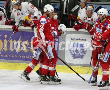 EBEL. Eishockey Bundesliga. KAC gegen  EC Red Bull Salzburg.  Thomas Hundertpfund, Johannes Bischofberger (KAC). Klagenfurt, am 7.11.2021.
Foto: Kuess
www.qspictures.net

---
pressefotos, pressefotografie, kuess, qs, qspictures, sport, bild, bilder, bilddatenbank