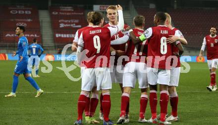 Fussball. FIFA. WM Qualifikationsspiel. European Qualifiers. Oesterreich gegen Israel. Torjubel Marcel Sabitzer, Louis Schaub, David Alaba, Philipp Lienhart  (Oesterreich). Klagenfurt, Woerthersee Stadion, 12.11.2021.
Foto: Kuess
---
pressefotos, pressefotografie, kuess, qs, qspictures, sport, bild, bilder, bilddatenbank