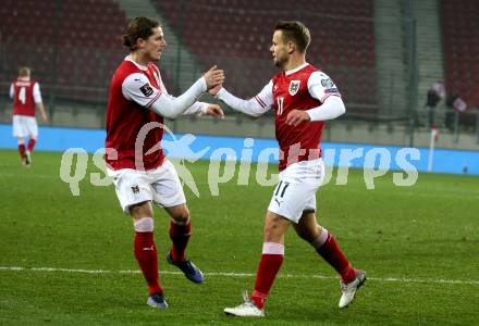 Fussball. FIFA. WM Qualifikationsspiel. European Qualifiers. Oesterreich gegen Israel.  Torjubel Marcel Sabitzer, Louis Schaub (Oesterreich). Klagenfurt, Woerthersee Stadion, 12.11.2021.
Foto: Kuess
---
pressefotos, pressefotografie, kuess, qs, qspictures, sport, bild, bilder, bilddatenbank