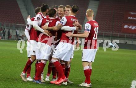 Fussball. FIFA. WM Qualifikationsspiel. European Qualifiers. Oesterreich gegen Israel. Torjubel Louis Schaub, Marcel Sabitzer, Marko Arnaotovic, Florian Grillitsch, Martin Hinteregger  (Oesterreich). Klagenfurt, Woerthersee Stadion, 12.11.2021.
Foto: Kuess
---
pressefotos, pressefotografie, kuess, qs, qspictures, sport, bild, bilder, bilddatenbank